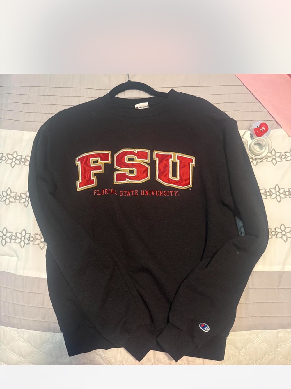Champion Black Crewneck Sweatshirt with Red FSU Lettering